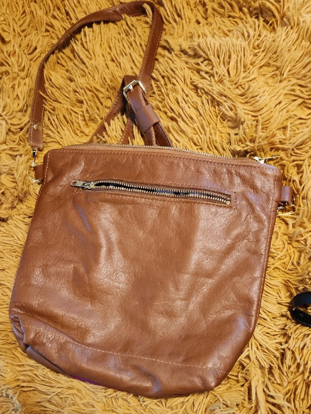 Women's Brown Leather Crossbody Bag with Metallic Pink Accent - Picture 2 of 9